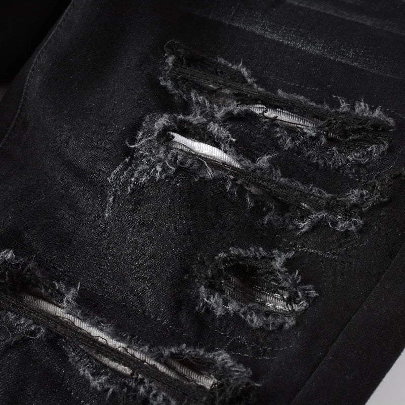 Black Full White Leather Patchwork Distressed Painted Jeans
