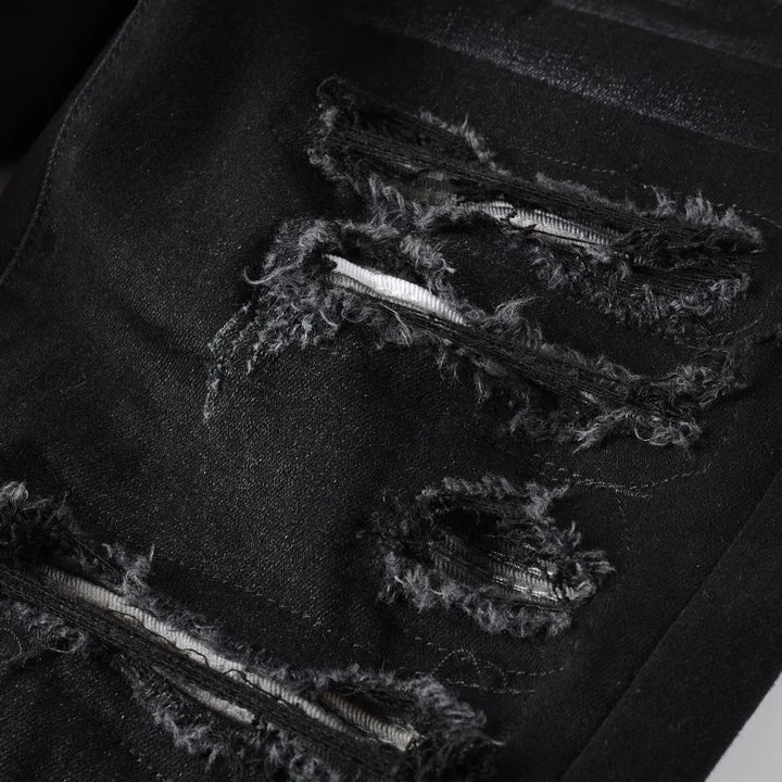 Black Full White Leather Patchwork Distressed Painted Jeans