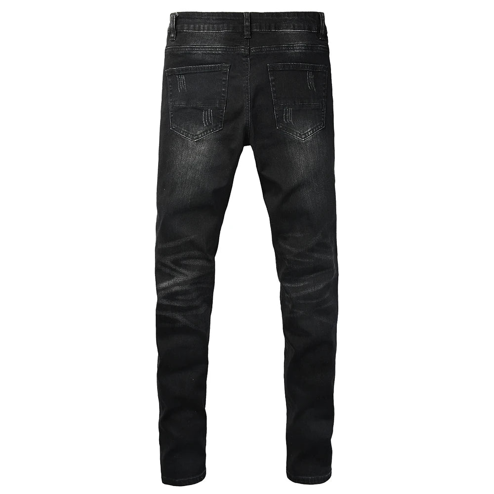 Black Pink Ribbed Leather Patch Jeans