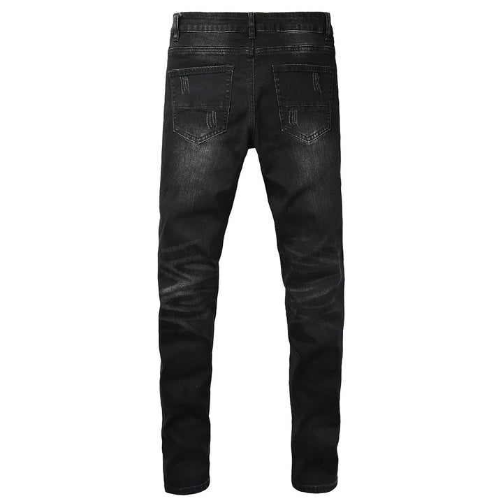 Black Pink Ribbed Leather Patch Jeans