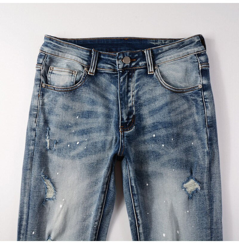 Blue Palm Tree Distressed Ripped Jeans