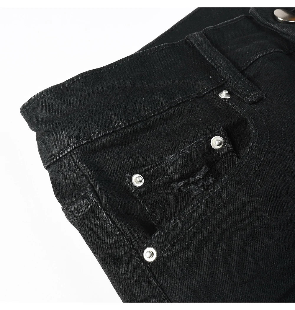 Black Red Full Embroidery Snake Patch Jeans