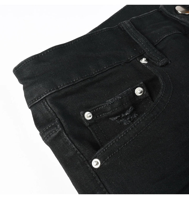 Black Red Full Embroidery Snake Patch Jeans