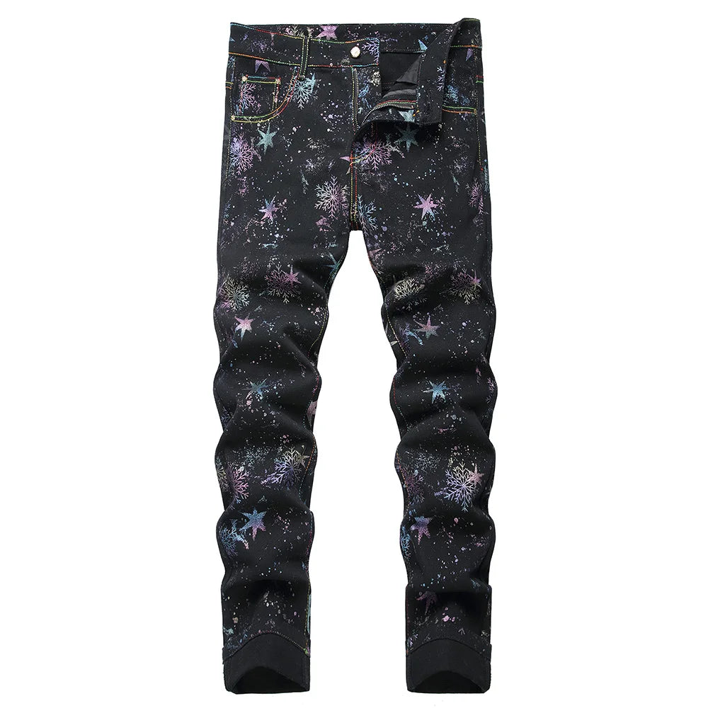 Black Multicolour Snowflake Star Print Bootcut Jeans