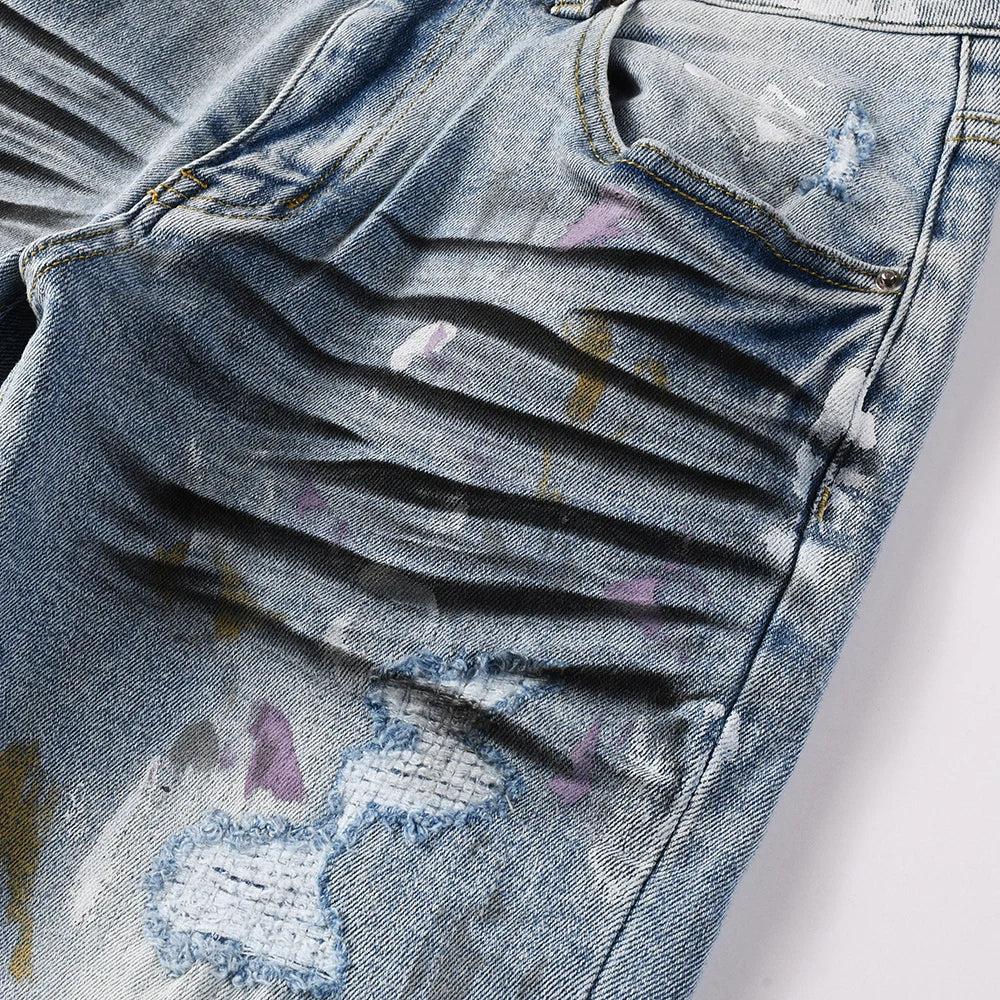 Light Blue Multicolour Painted Ribbed Distressed Jeans