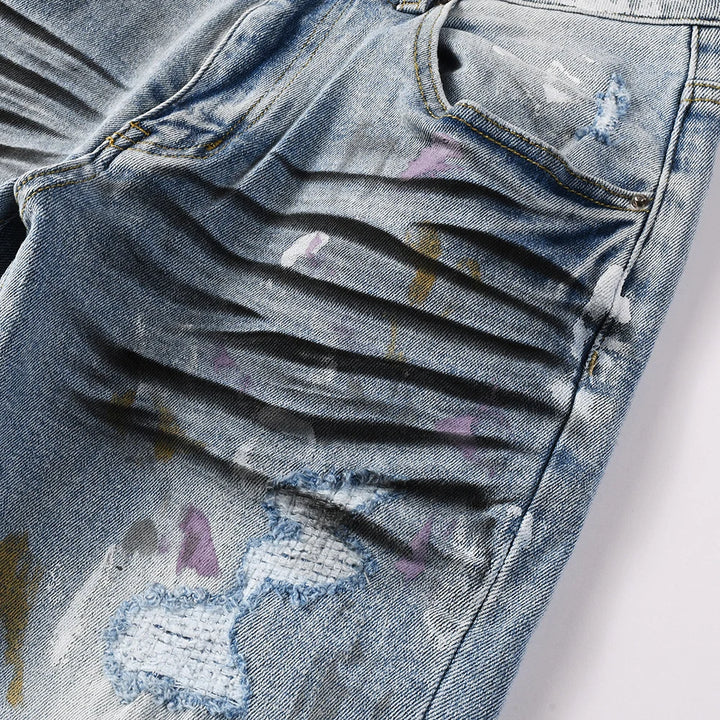 Light Blue Multicolour Painted Ribbed Distressed Jeans