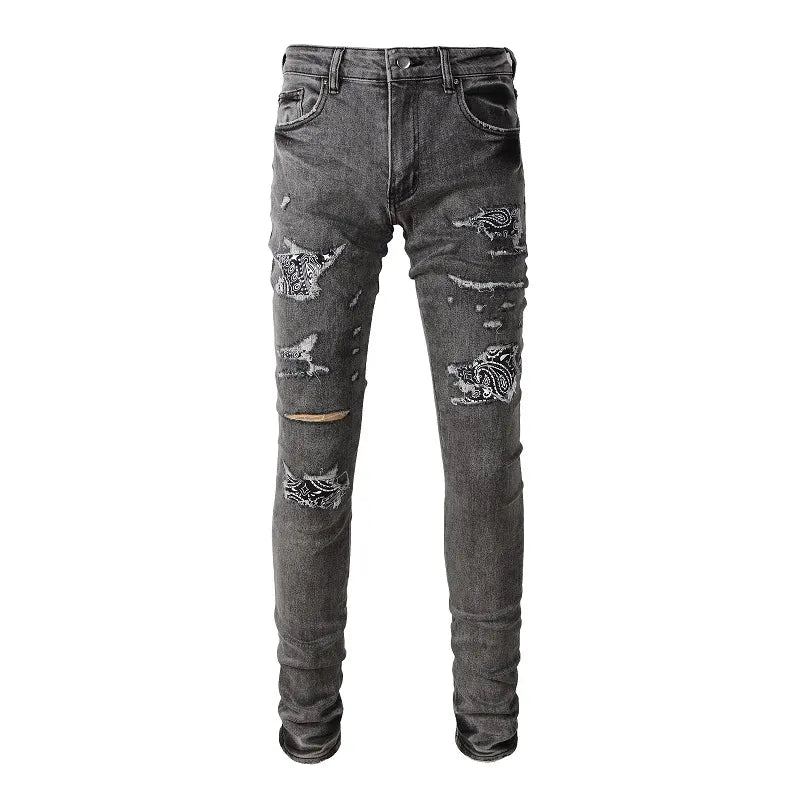 Grey Black Bandana Paisley Patchwork Distressed Jeans