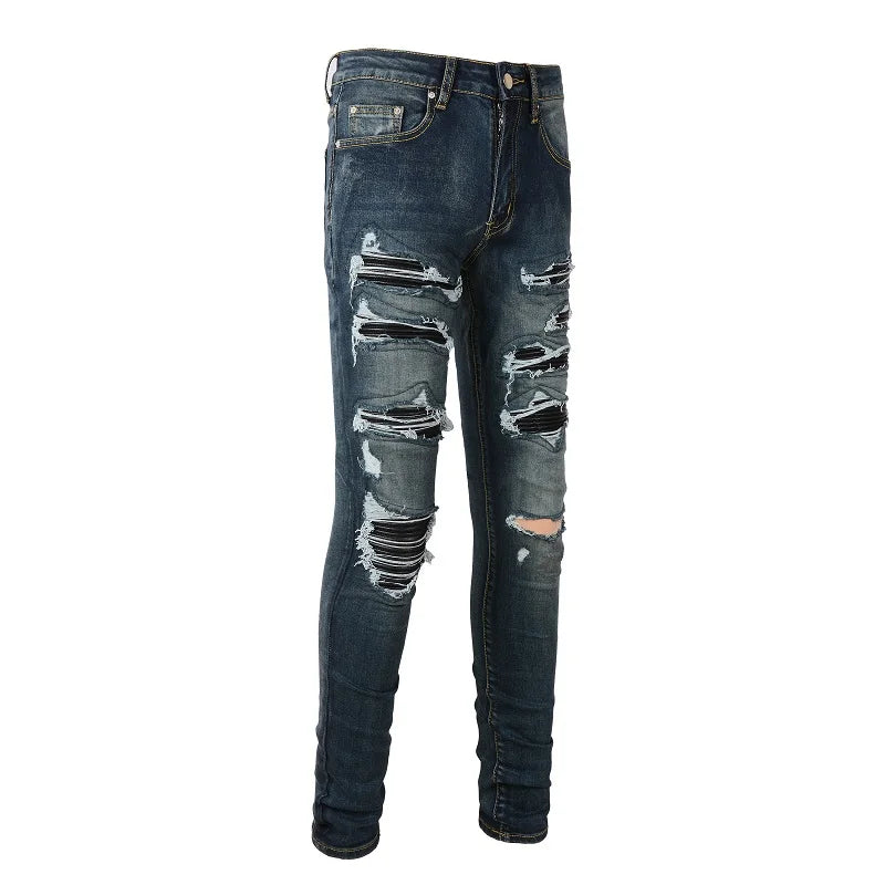 Dark Blue Full Leather Patchwork Distressed Jeans – Taelor Boutique