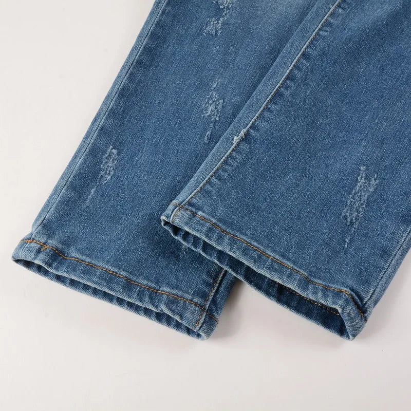 Blue Ribbed Denim Patch Distressed Jeans