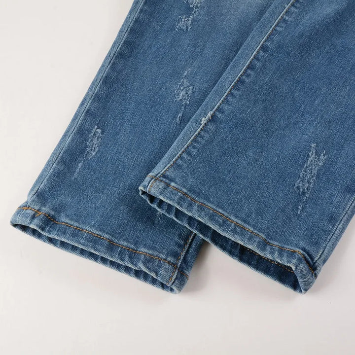 Blue Ribbed Denim Patch Distressed Jeans