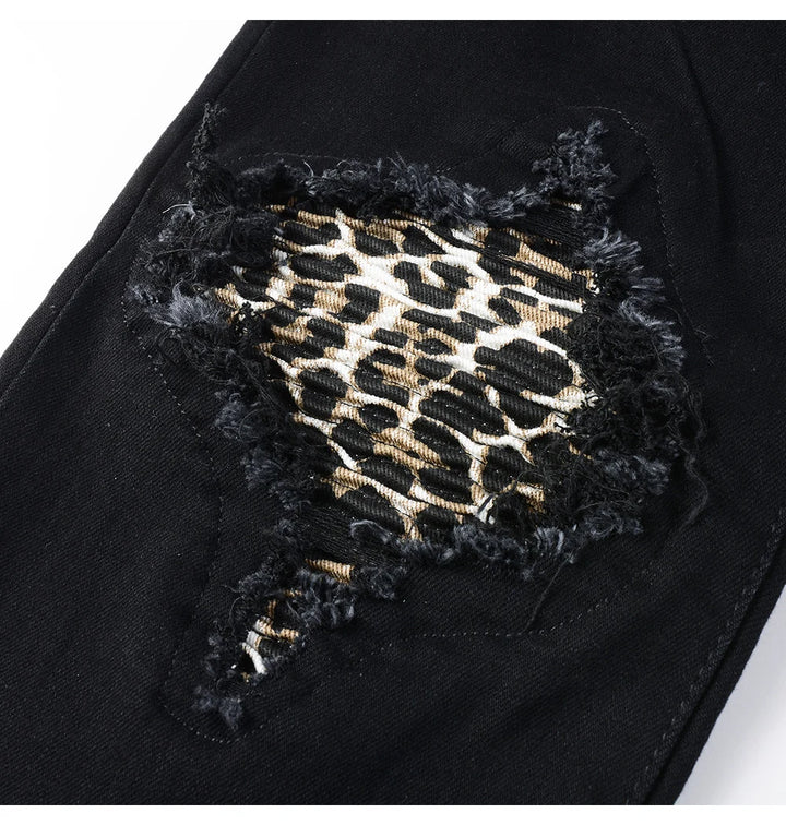 Black Leopard Print Patch Jeans