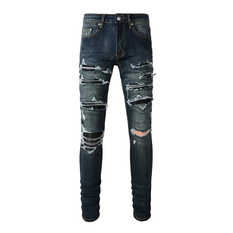 Dark Blue Full Leather Patchwork Distressed Jeans