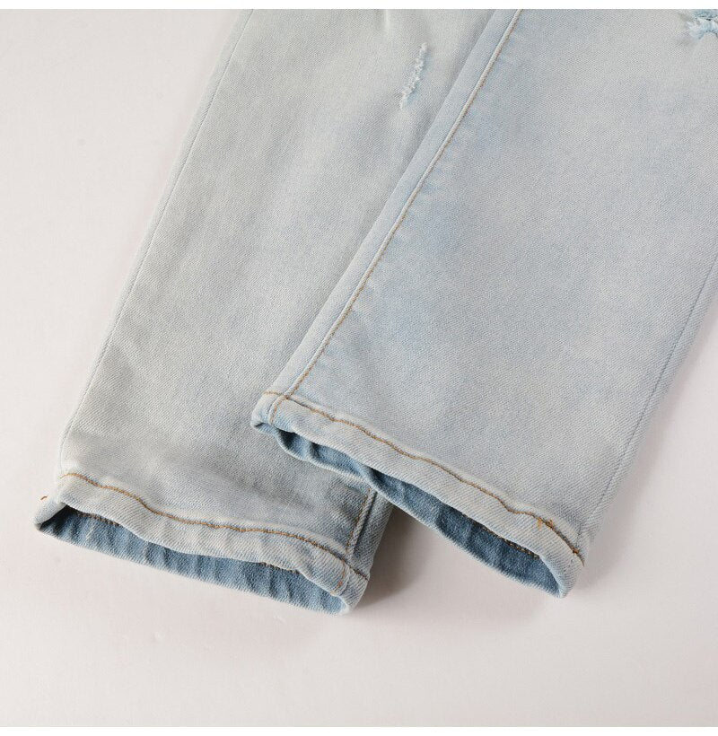 Pale Blue White Ribbed Patchwork Jeans