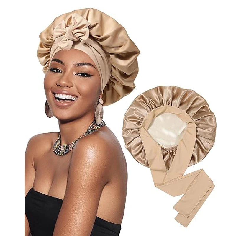 Khaki Double Layered Wide Band Tied Silky Bonnet