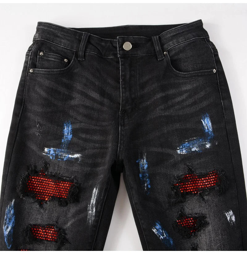 Black Red Crystal Paint Splatter Distessed Jeans
