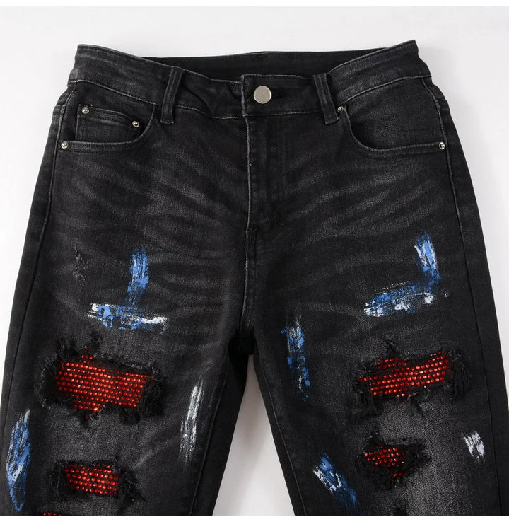 Black Red Crystal Paint Splatter Distessed Jeans