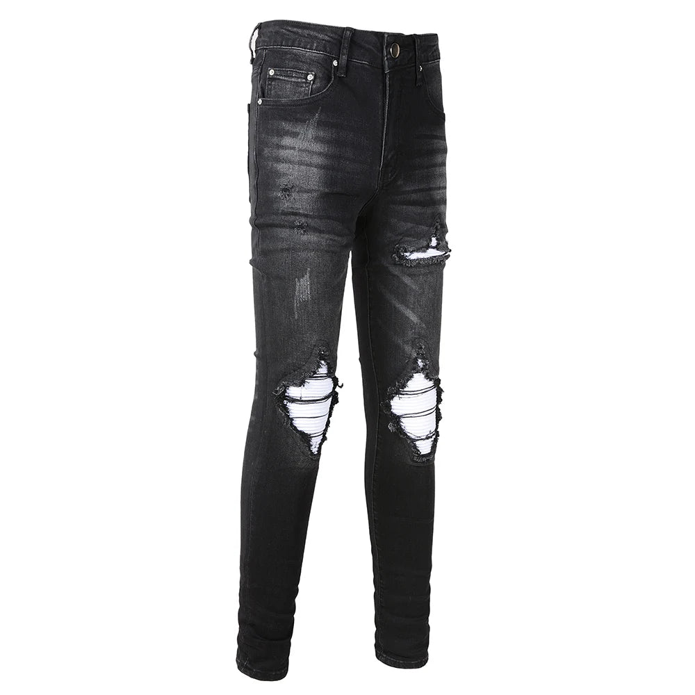Black White Ribbed Patch Jeans - Main Image