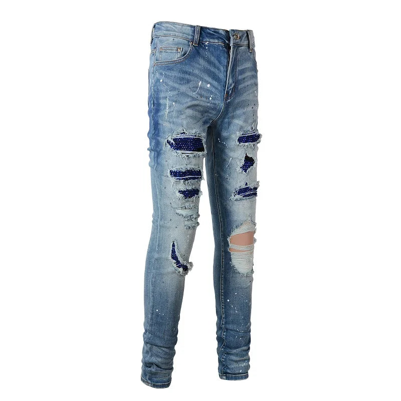 Blue Full Crystal Patchwork Distressed Painted Jeans