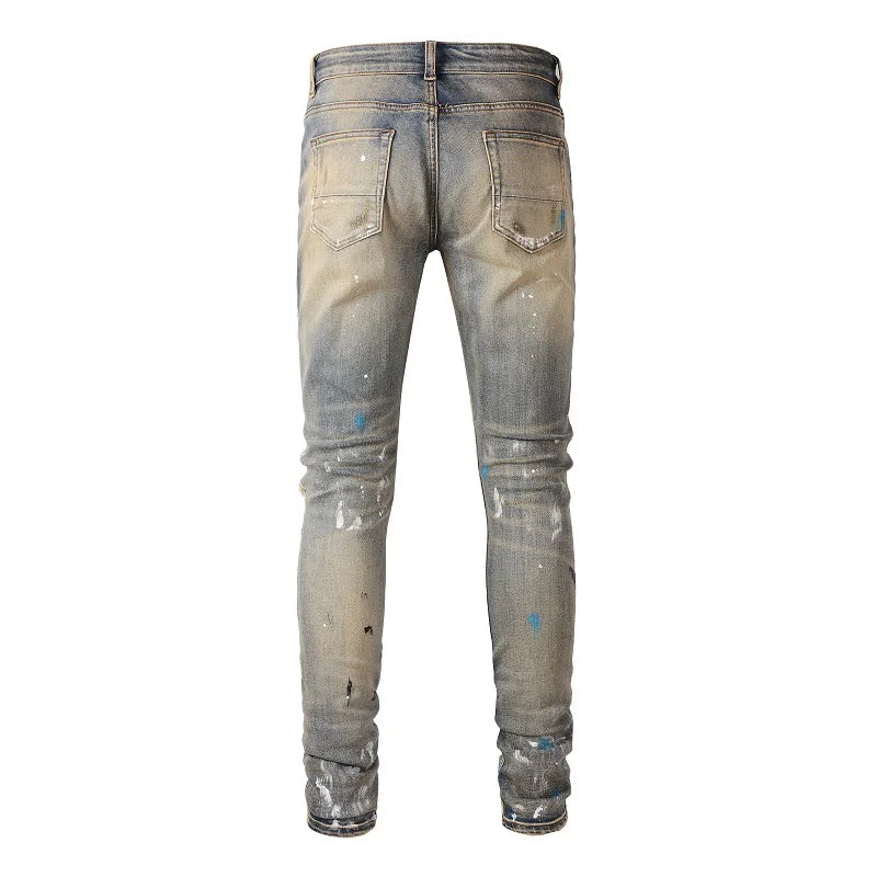 Blue Vintage Paint Splatter Ripped Jeans