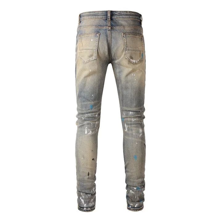 Blue Vintage Paint Splatter Ripped Jeans