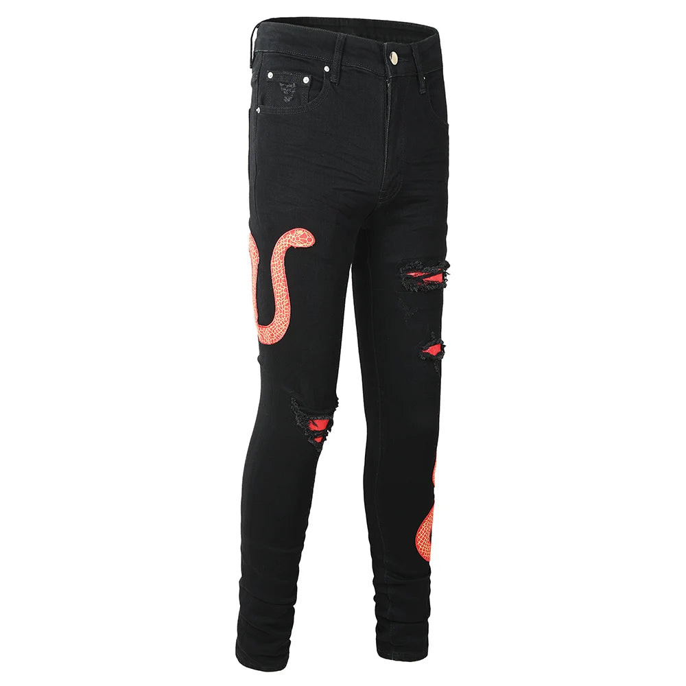 Black Red Full Embroidery Snake Patch Jeans