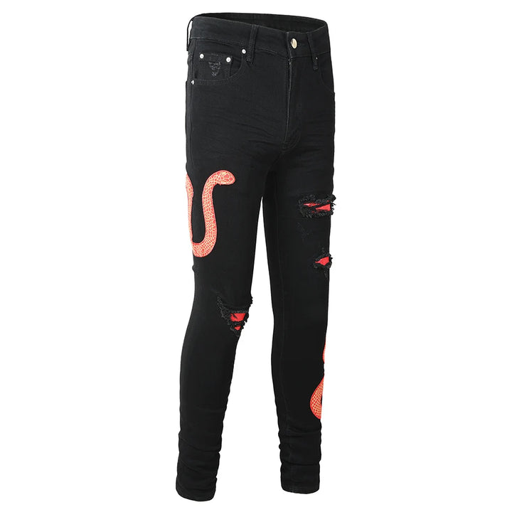Black Red Full Embroidery Snake Patch Jeans