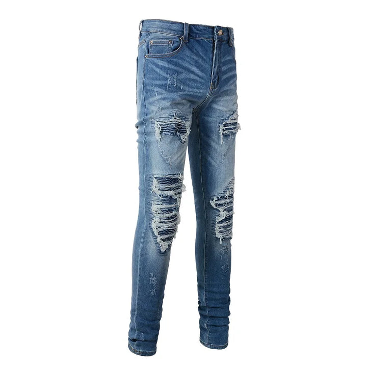 Blue Ribbed Denim Patch Distressed Jeans