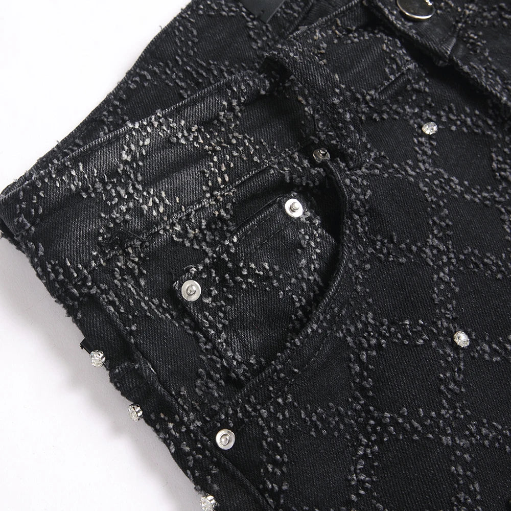 Black Patterned Crystal Bootcut Jeans