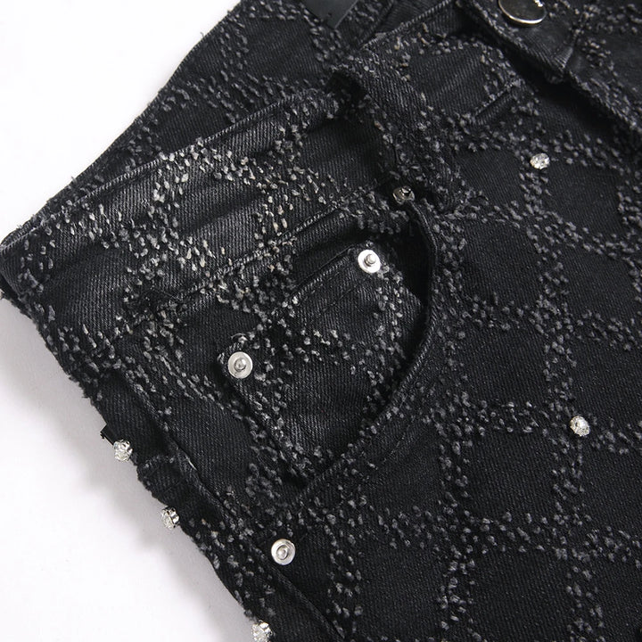 Black Patterned Crystal Bootcut Jeans