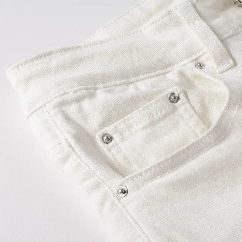 White Ribbed Patchwork Distressed Jeans