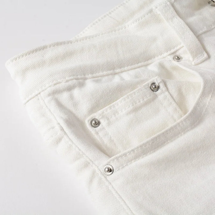 White Ribbed Patchwork Distressed Jeans