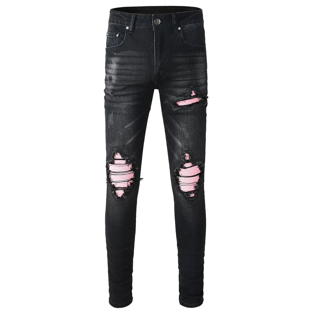Black Pink Ribbed Leather Patch Jeans