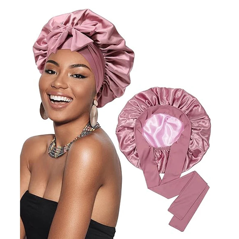 Pink Double Layered Wide Band Tied Silky Bonnet