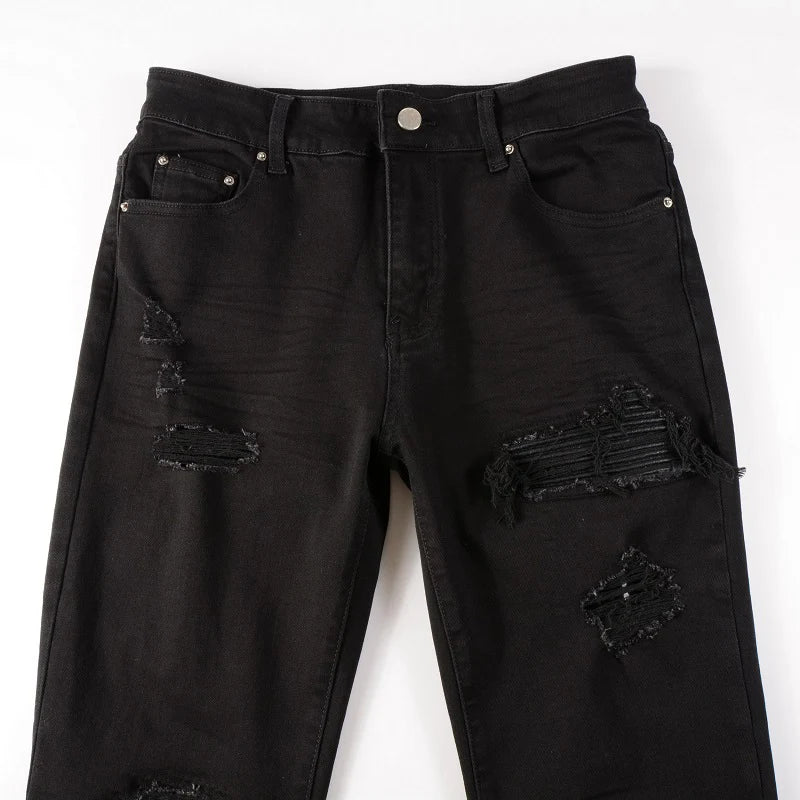 Black Leather Patch Distressed Jeans