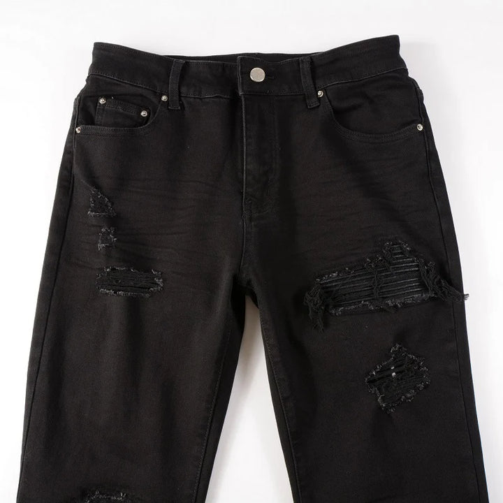 Black Leather Patch Distressed Jeans