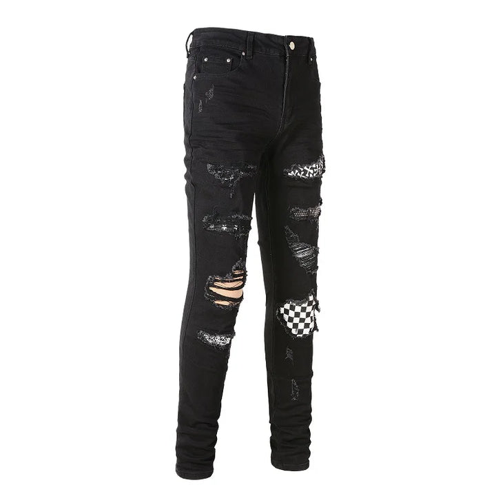 Black White Crystal Mixed Artwork Patch Jeans