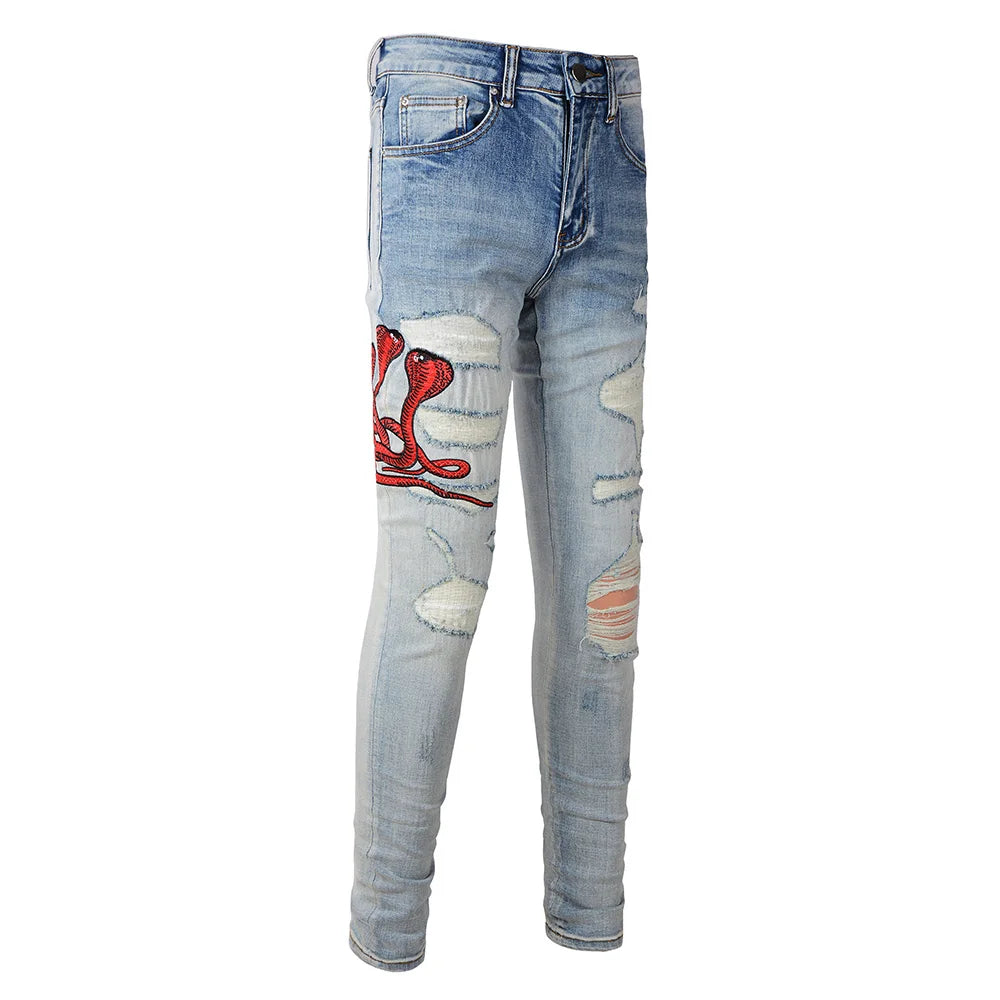 Blue Red Snake Embroidery Jeans