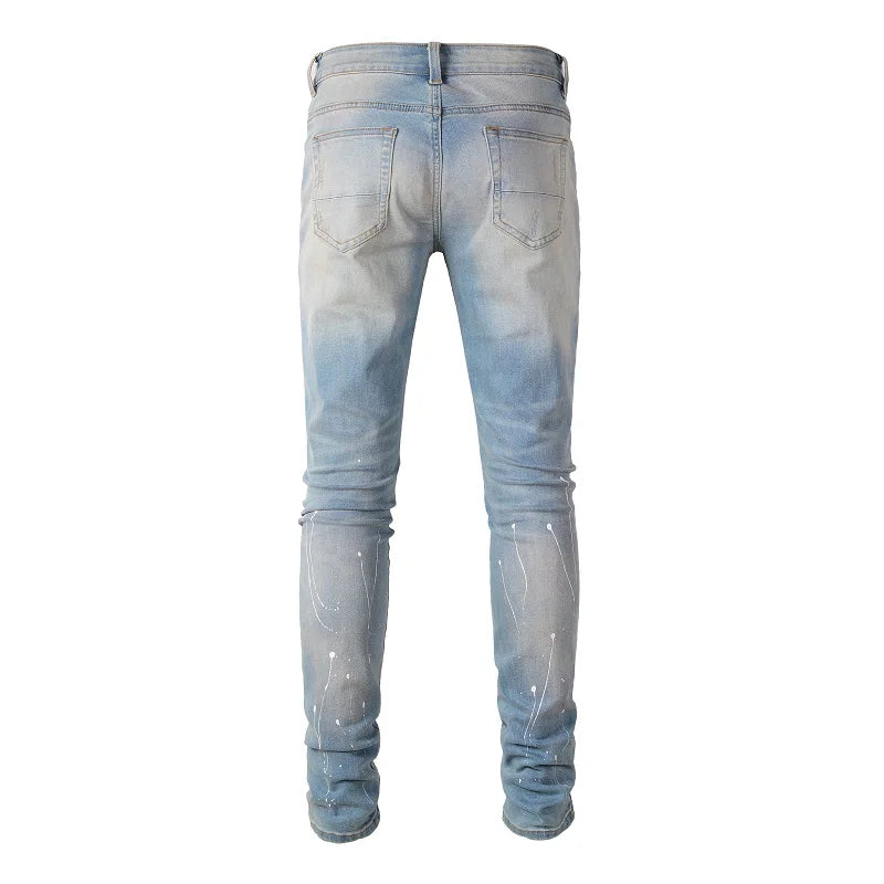 Blue Black Crystal Patchwork Paint Splatter Distressed Jeans