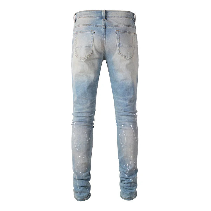 Blue Black Crystal Patchwork Paint Splatter Distressed Jeans