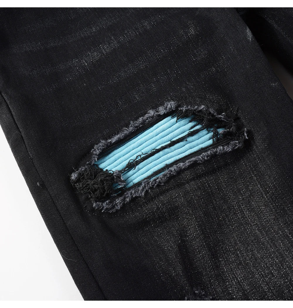 Black Sky Blue Ribbed Velvet Patch Jeans