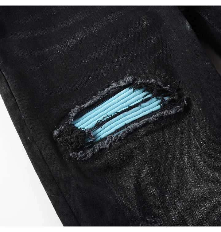Black Sky Blue Ribbed Velvet Patch Jeans