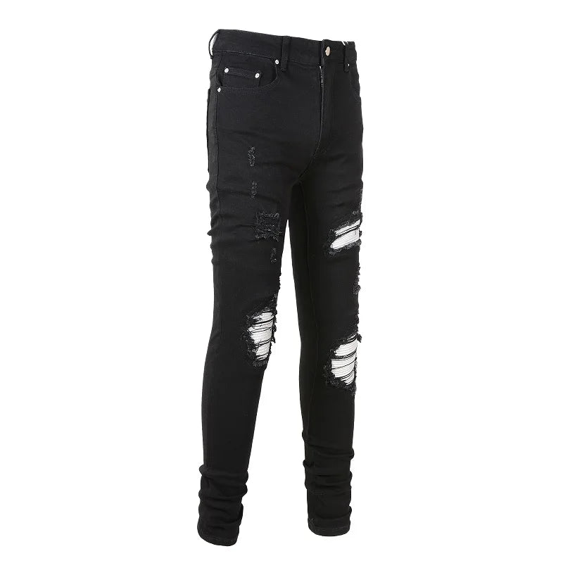 Black Silver Leather Ribbed Ripped Knee Jeans