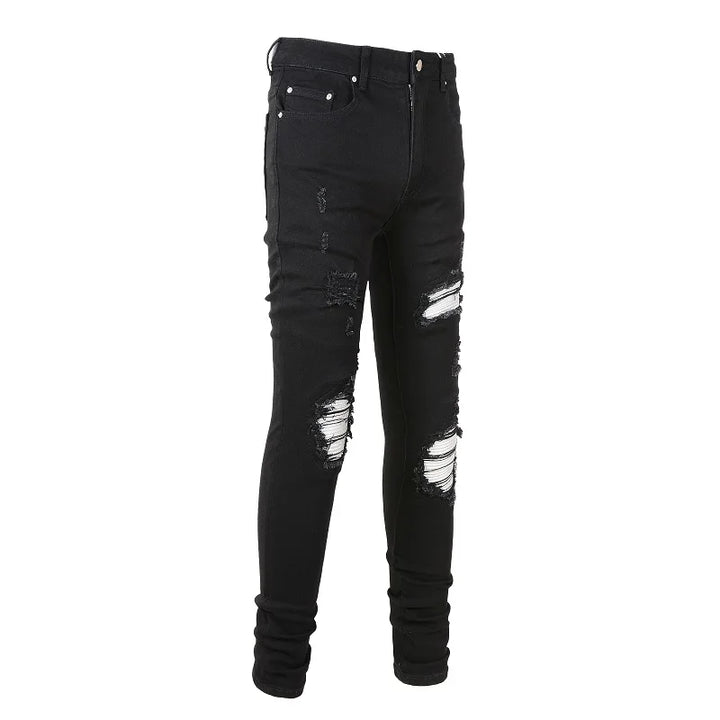 Black Silver Leather Ribbed Ripped Knee Jeans