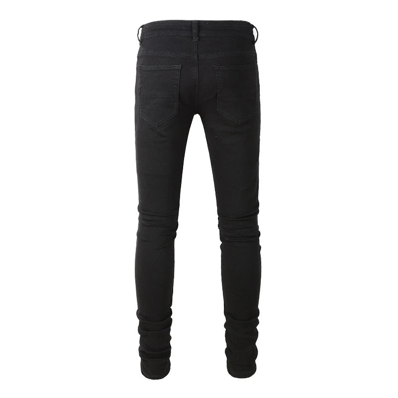 Black Silver Leather Ribbed Ripped Knee Jeans