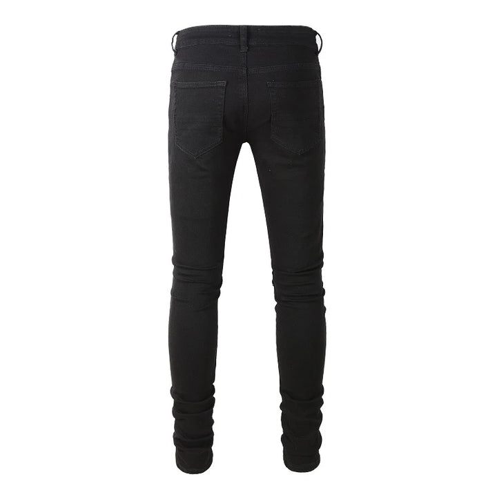 Black Silver Leather Ribbed Ripped Knee Jeans