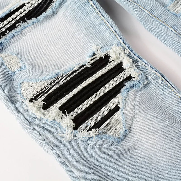 Light Blue Full Leather Patchwork Distressed Painted Jeans