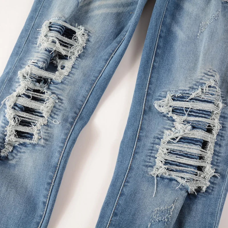 Blue Ribbed Denim Patch Distressed Jeans