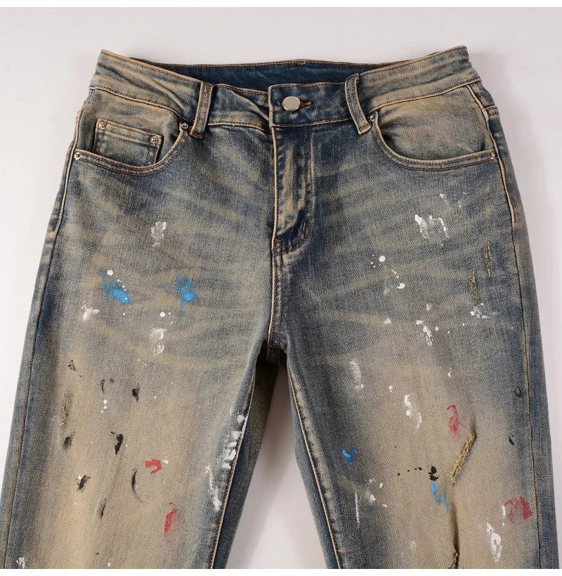 Blue Vintage Paint Splatter Ripped Jeans