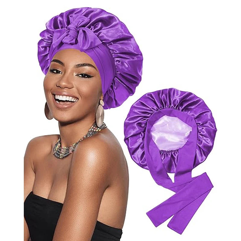 Purple Double Layered Wide Band Tied Silky Bonnet