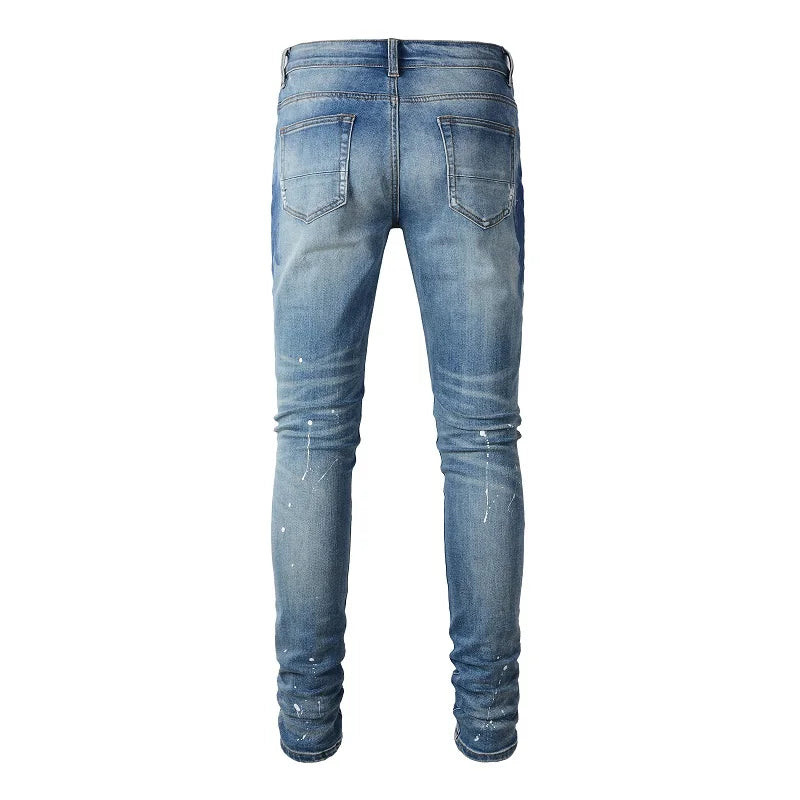 Blue Full Crystal Patchwork Distressed Painted Jeans